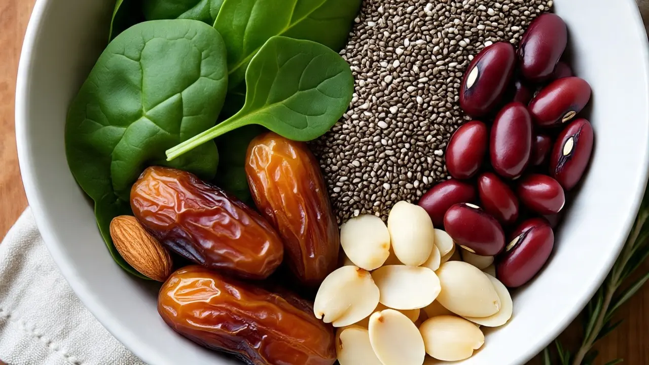 प्रोटीन-आयरन वाले फूड में शामिल है पालक, चिया के बीज, खजूर, बादाम और राजमा