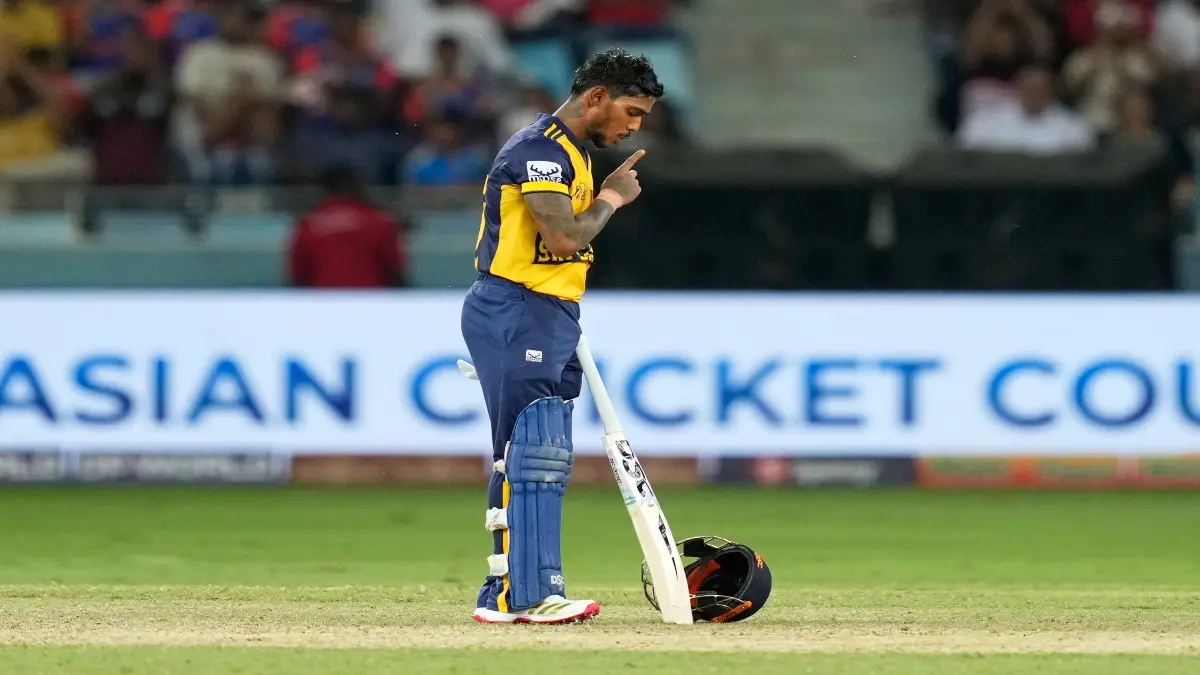 Pathum Nissanka celebrates his maiden T20I century against India