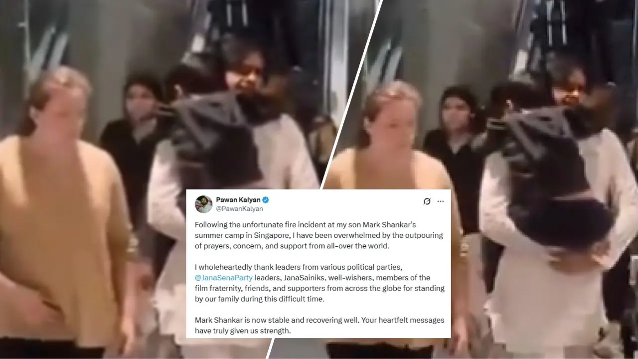 Pawan Kalyan, Wife Anna Lezhneva Return To Hyderabad With Son Mark, Who Was Injured In Singapore School Fire Incident Pawan Kalyan spotted at Hyderabad airport with his family