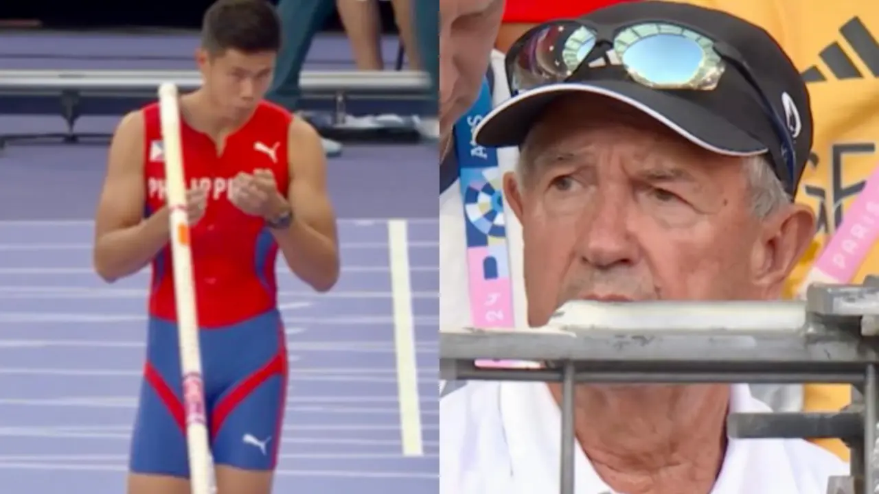 philippines pole vaulter ej obiena dons quirky pair of socks with his coach face on them