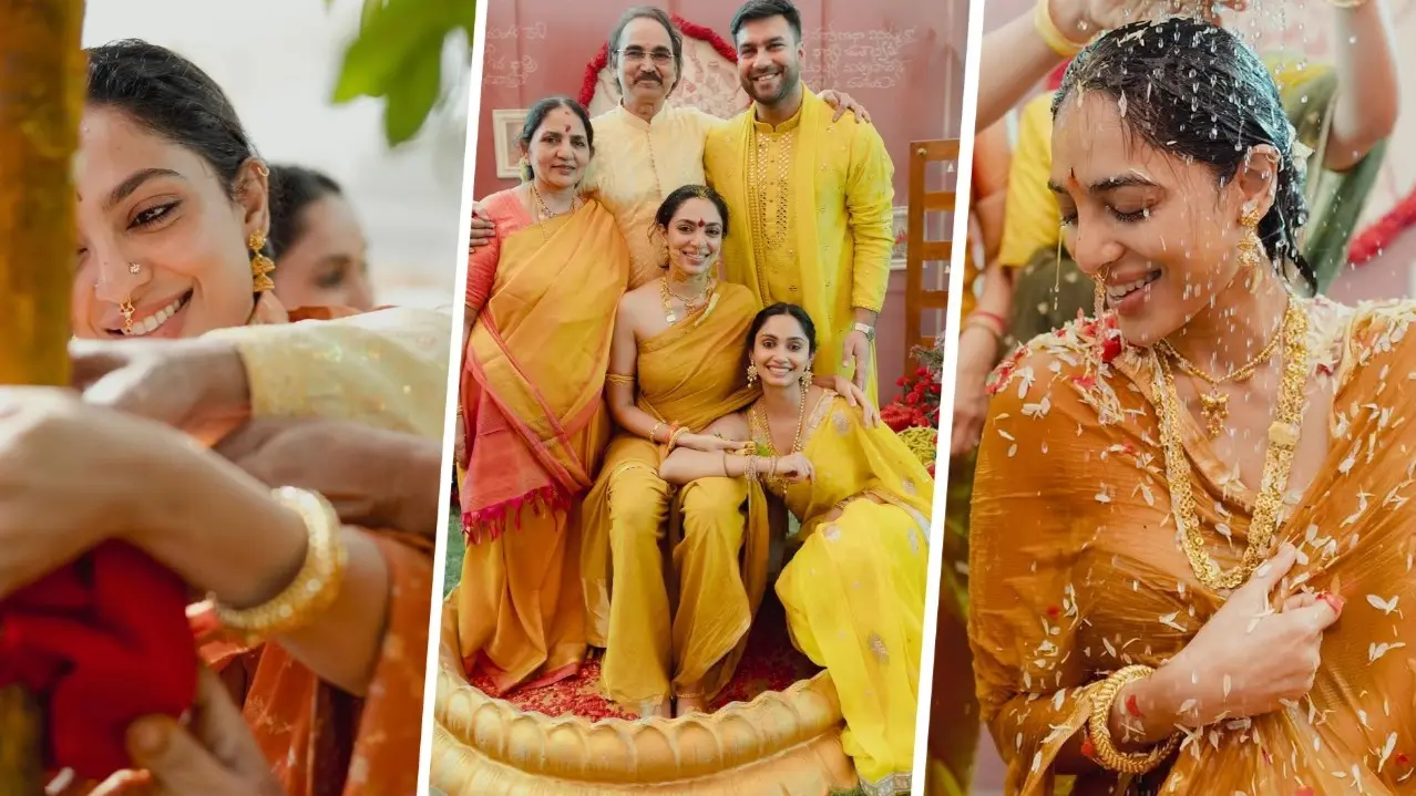 Sobhita Dhulipala Is Happiest Bride-to-be At Ratha Sthapanam, Mangalasnanam Ceremonies | New Photos Photos from Sobhita Dhulipala's haldi ceremony.
