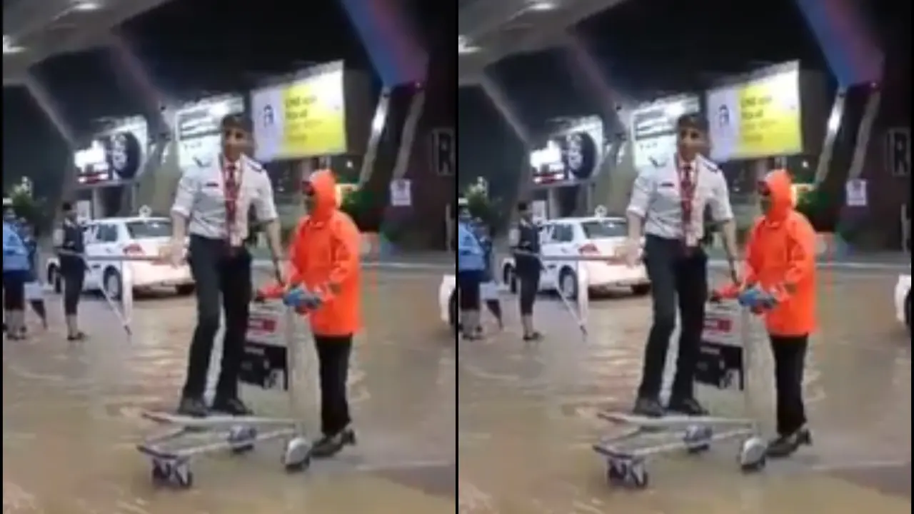 Pilot's Creative Baggage Trolley Ride Through Flooded Jaipur Airport Goes Viral | WATCH