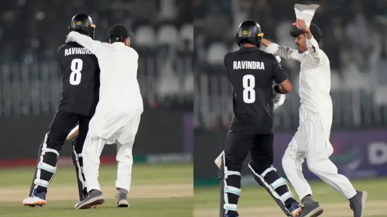 Pitch invader runs towards Rachin Ravindra during BAN vs NZ Champions Trophy game