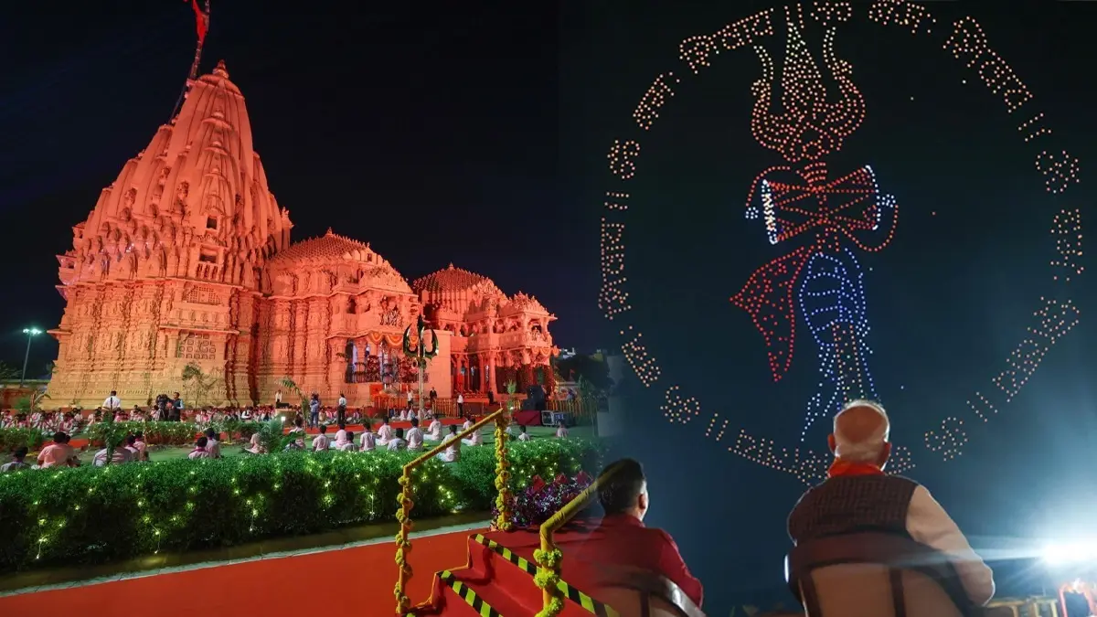 PM Modi Witnesses Special Drone Show at Somnath Temple; Leads Omkar Mantra Chanting at Swabhiman Parv