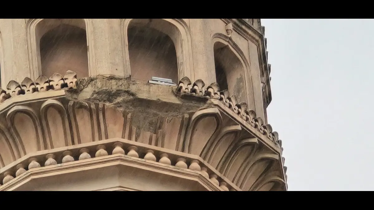 Portion of Charminar’s Minaret Falls During Heavy Rains in Hyderabad