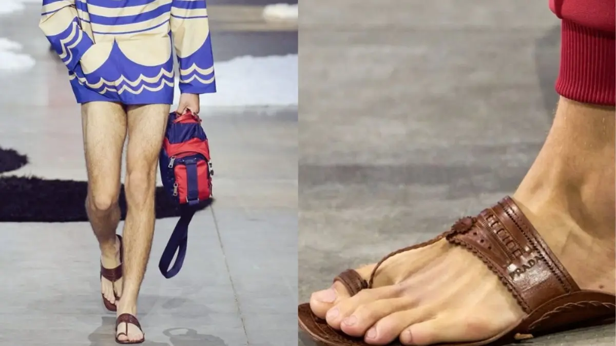 Prada's S/S 2026 'leather flat sandals' resemble Kolhapuri chappals, priced at ₹1.2 lakh.