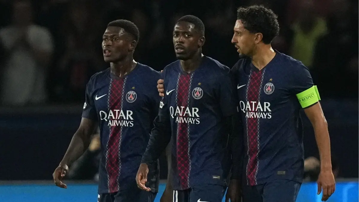 PSG's Nuno Mendes, Ousmane Dembele, and Marquinhos during UCL match Bayern Munich in Paris