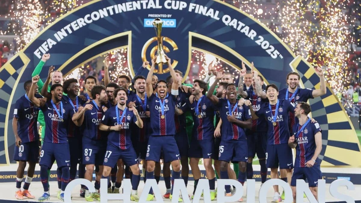 PSG with the FIFA Intercontinental Cup Trophy