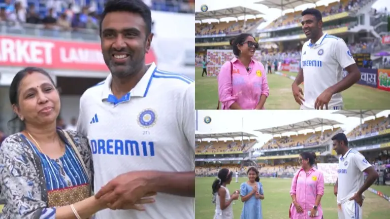 R Ashwin celebrates the POTM award with his family in Chepauk