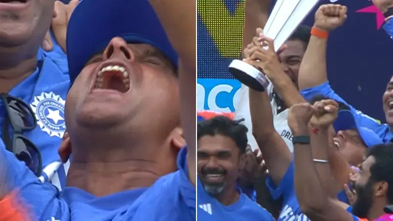 Rahul Dravid wildly celebrating the T20 World Cup win
