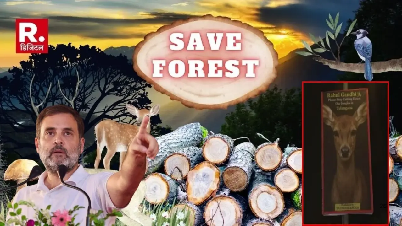 Rahul Gandhi poster over Telangana Forest Deforestation.