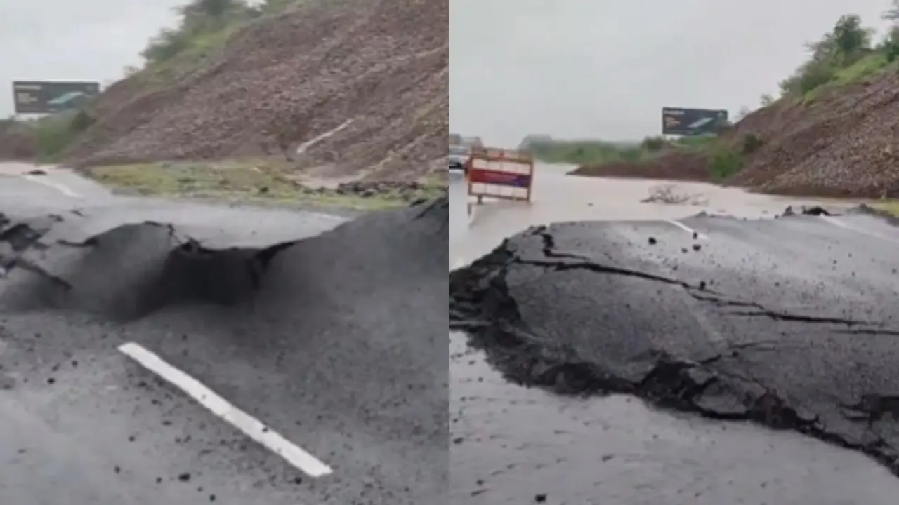Monsoon Fury: Portion of Rajkot-Ahmedabad Highway Damaged in Heavy Rains | VIDEO Rajkot-Ahmedabad Highway