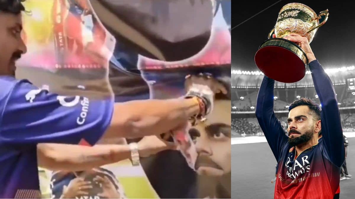 RCB fan cut his wrist and apply red tilak on Virat Kohli poster madness video viral