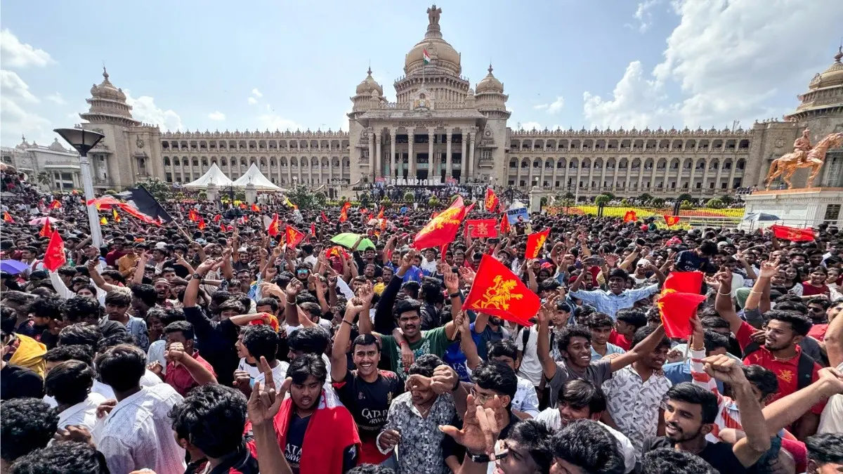 RCB fans gather in large numbers outside Vidhana Soudha in Bengaluru