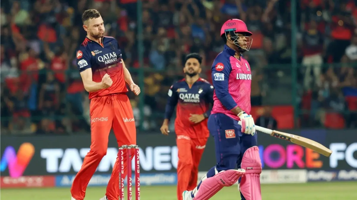 RCB pacer Josh Hazlewood celebrates the dismissal of Rajasthan Royals' Shimron Hetmyer