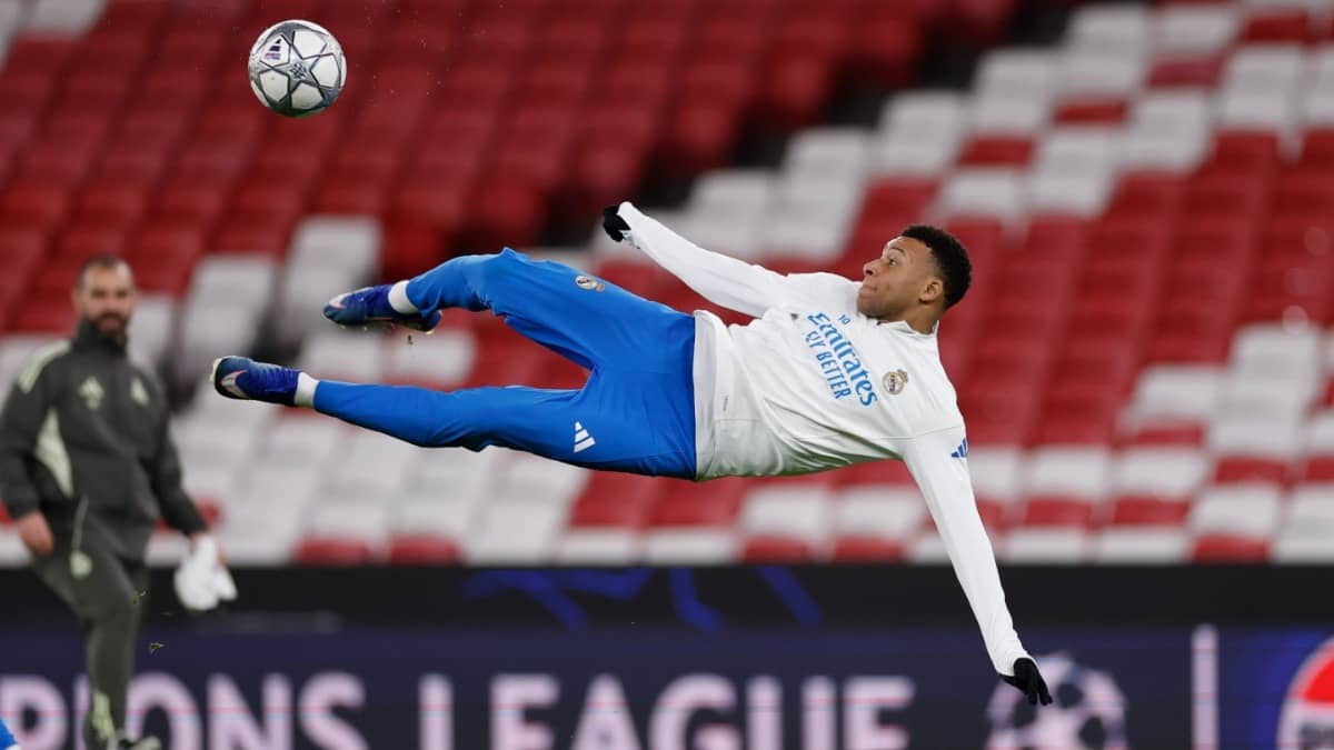 Real Madrid star Kylian Mbappe in action during practice