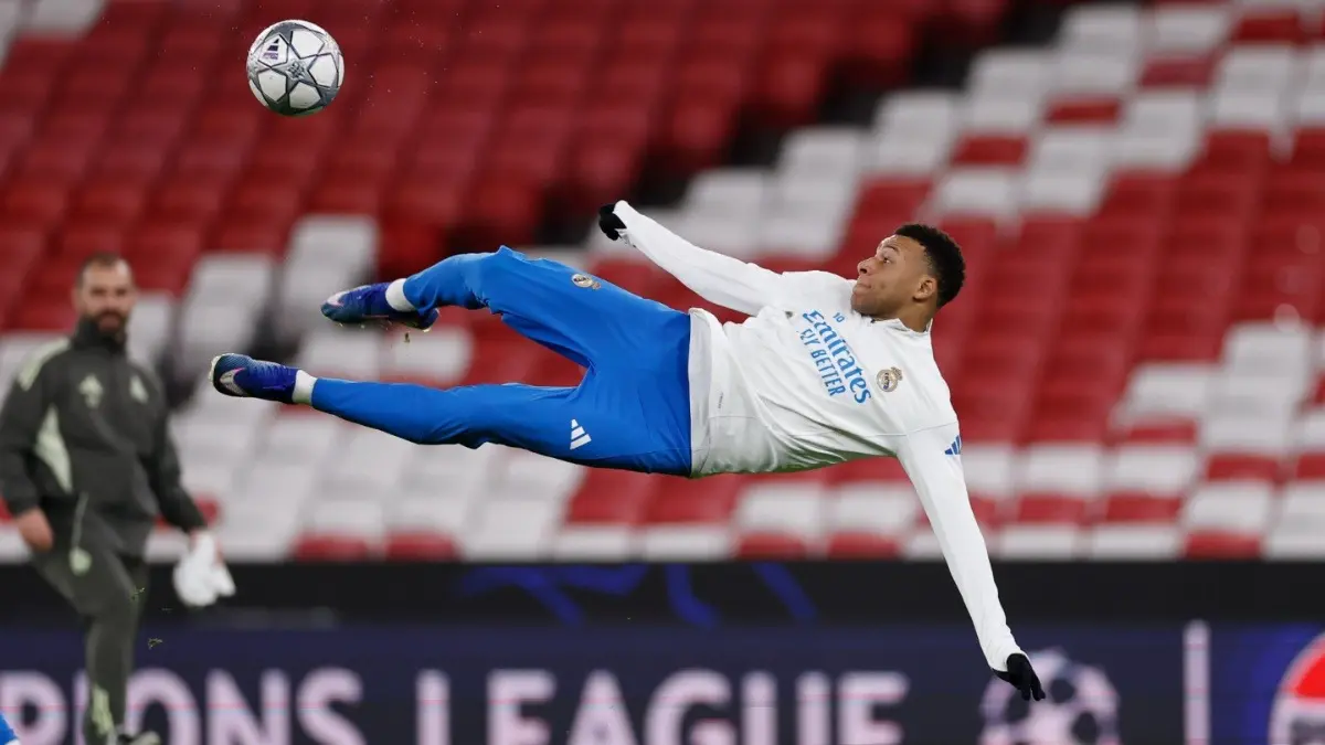 Real Madrid star Kylian Mbappe in action during practice