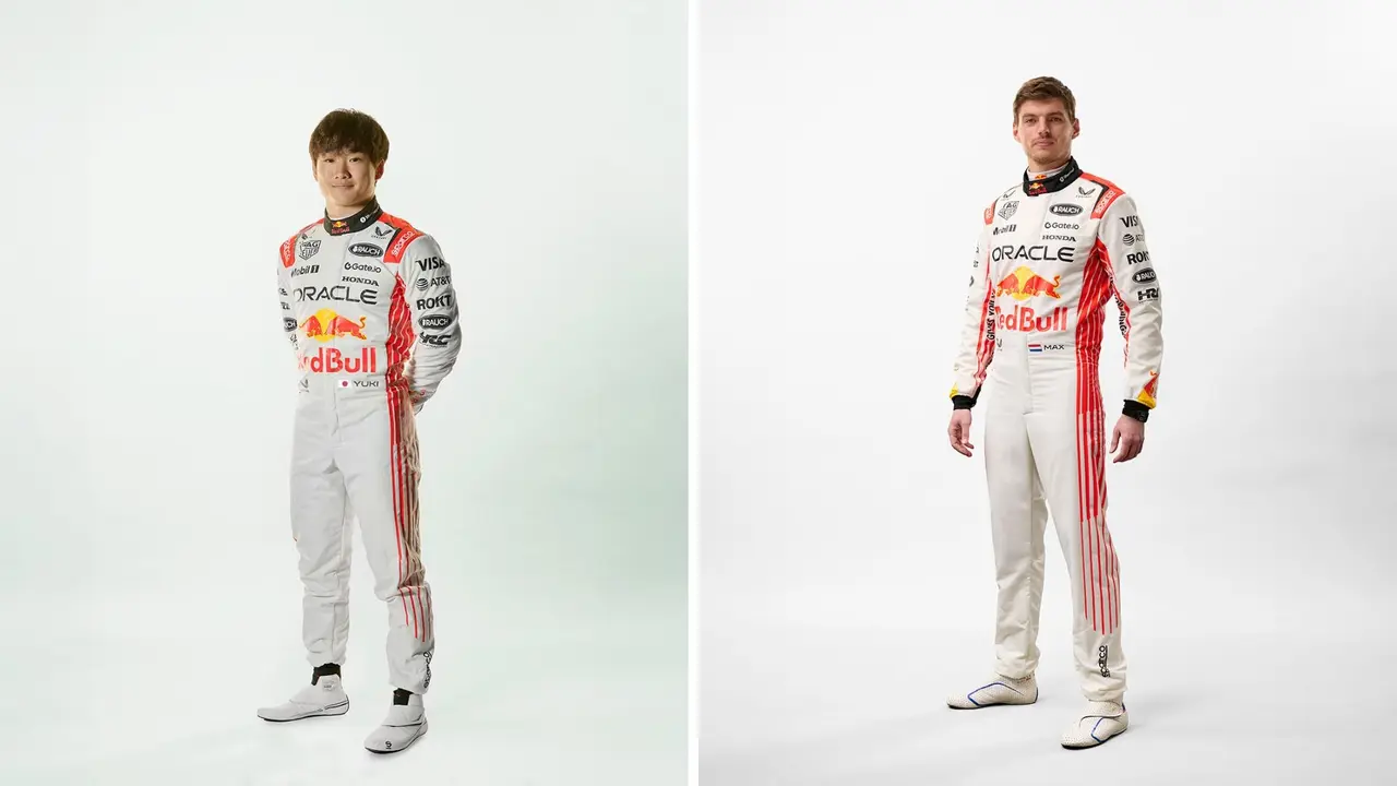 Red Bull drivers Yuki Tsunoda (L) and Max Verstappen