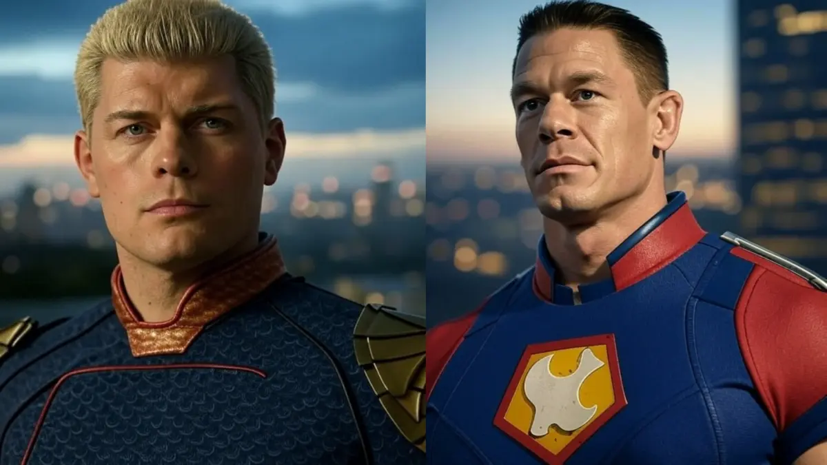Representative image of Cody Rhodes as Homelander and John Cena as The Peacemaker