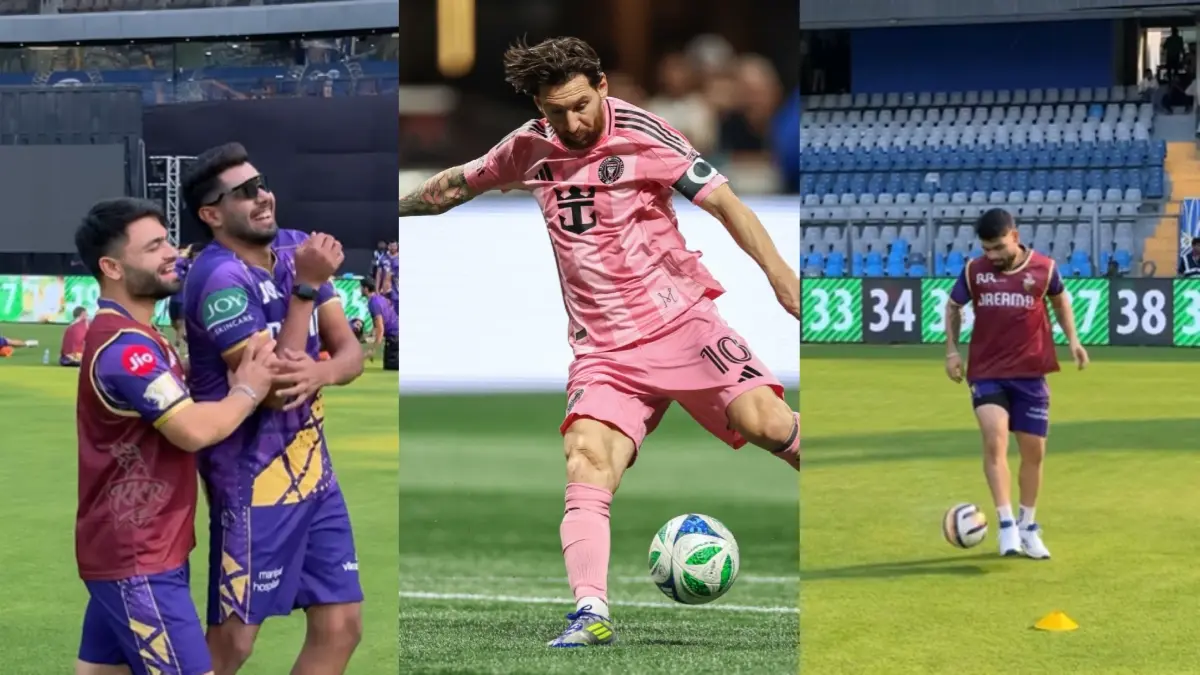Rinku Singh Tries To Dribble Like Lionel Messi During KKR's Training In Wankhede Stadium, Leaves Harshit Rana In Splits Rinku Singh, Harshit Rana and Lionel Messi