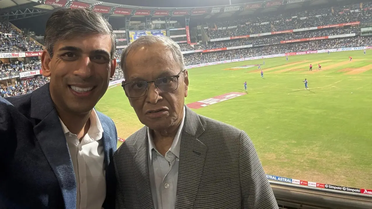 Rishi Sunak's Viral T20 Selfie with Father-in-Law Narayana Murthy from Mumbai's Wankhede Stadium Rishi Sunak's Viral T20 Selfie with Father-in-Law Narayana Murthy from Mumbai's Wankhede Stadium