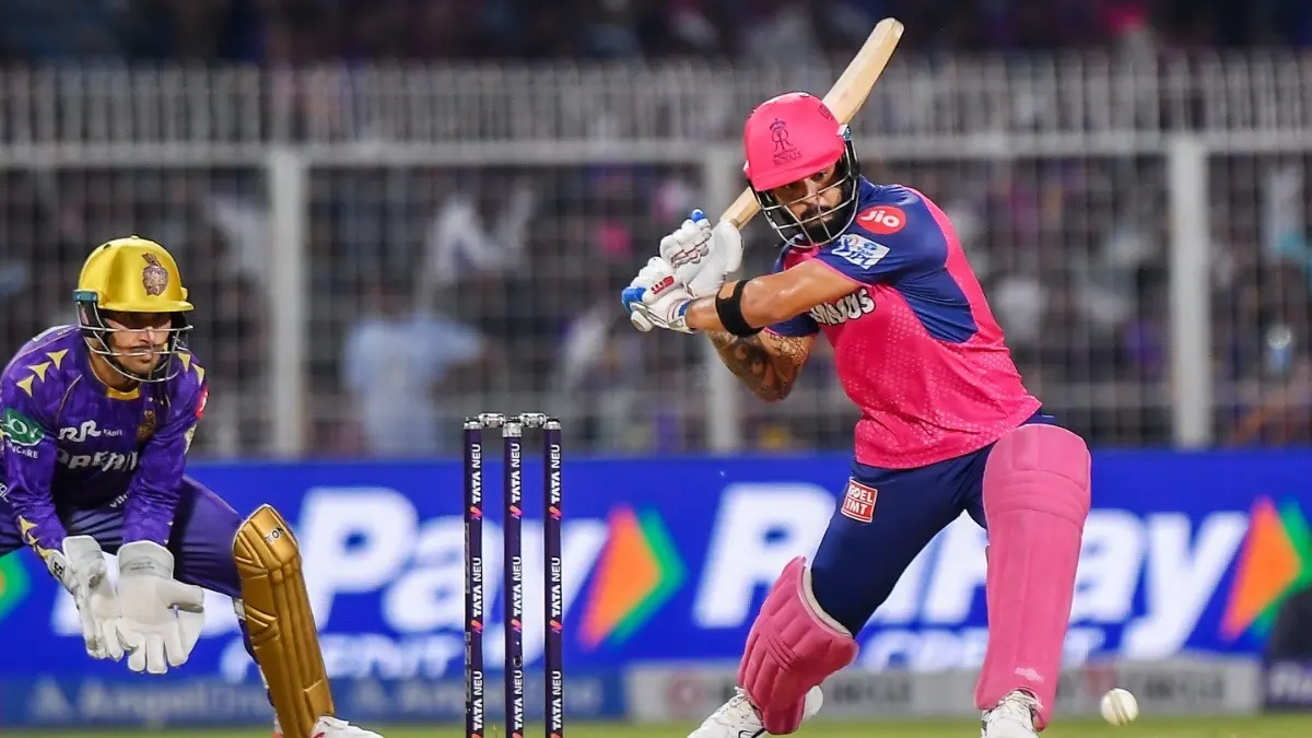 Riyan Parag in action during KKR vs RR clash