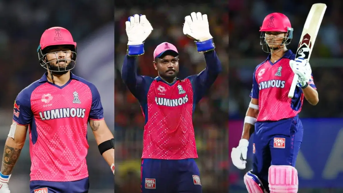 Riyan Parag (L), Sanju Samson (C), Yashasvi Jaiswal (R)