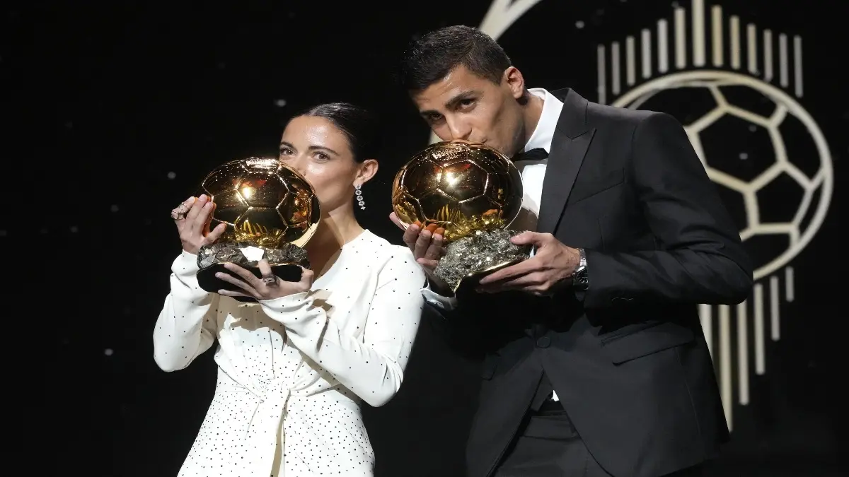 Rodri and Aitana Bonmati with the 2024 Ballon d’Or awards