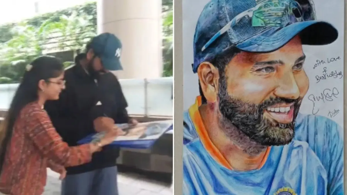 Rohit Sharma's Heartwarming Gesture on Meeting Fan Girl Who Painted His Portrait; Pics go Viral Rohit gives autograph to fan girl