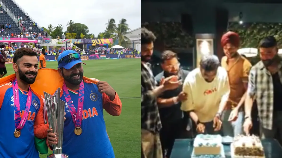 'Not Fair': Rohit Sharma, Virat Kohli Missing From Team India's Anniversary Celebration in Birmingham of 2024 T20 WC Triumph Upset Fans Rohit, Kohli (L), Bumrah cuts cake in Birmingham (R)
