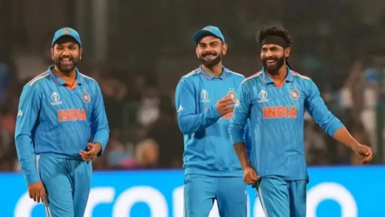 Rohit Sharma and Virat Kohli share a light moment with Ravindra Jadeja
