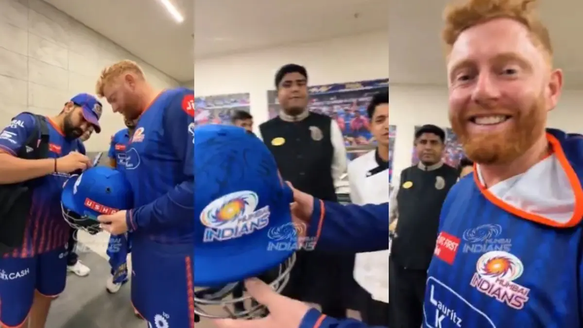 Rohit Sharma signs Jonny Bairstow's helmet following MI's defeat to PBKS in Qualifier 2