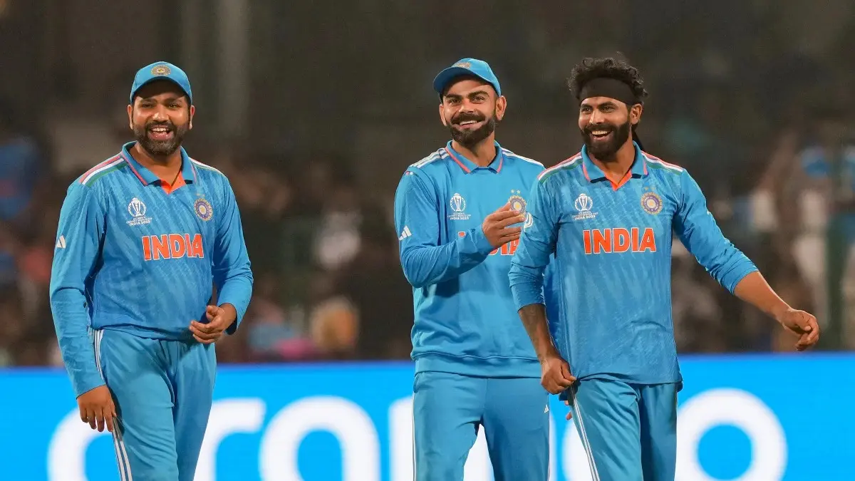 Rohit Sharma, Virat Kohli and Ravindra Jadeja share a light moment
