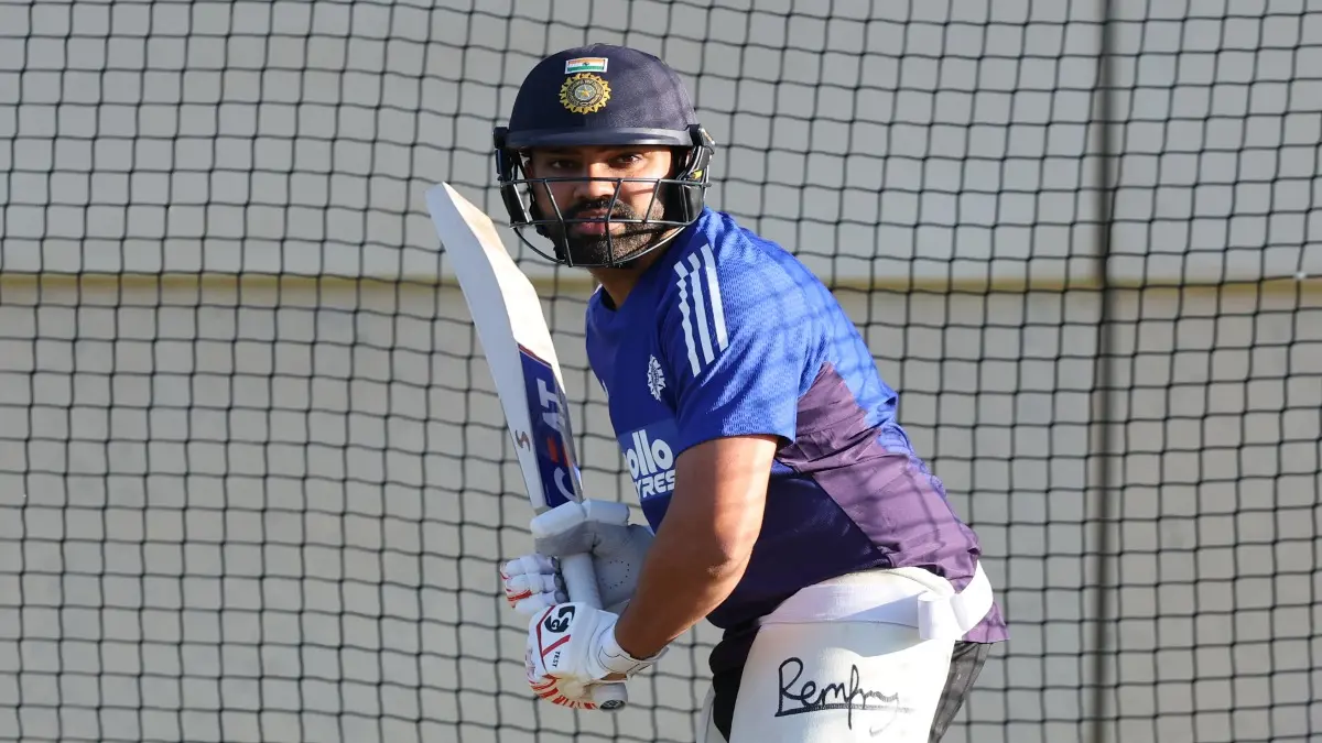 Rohit Sharma warms up during a practice session in Perth