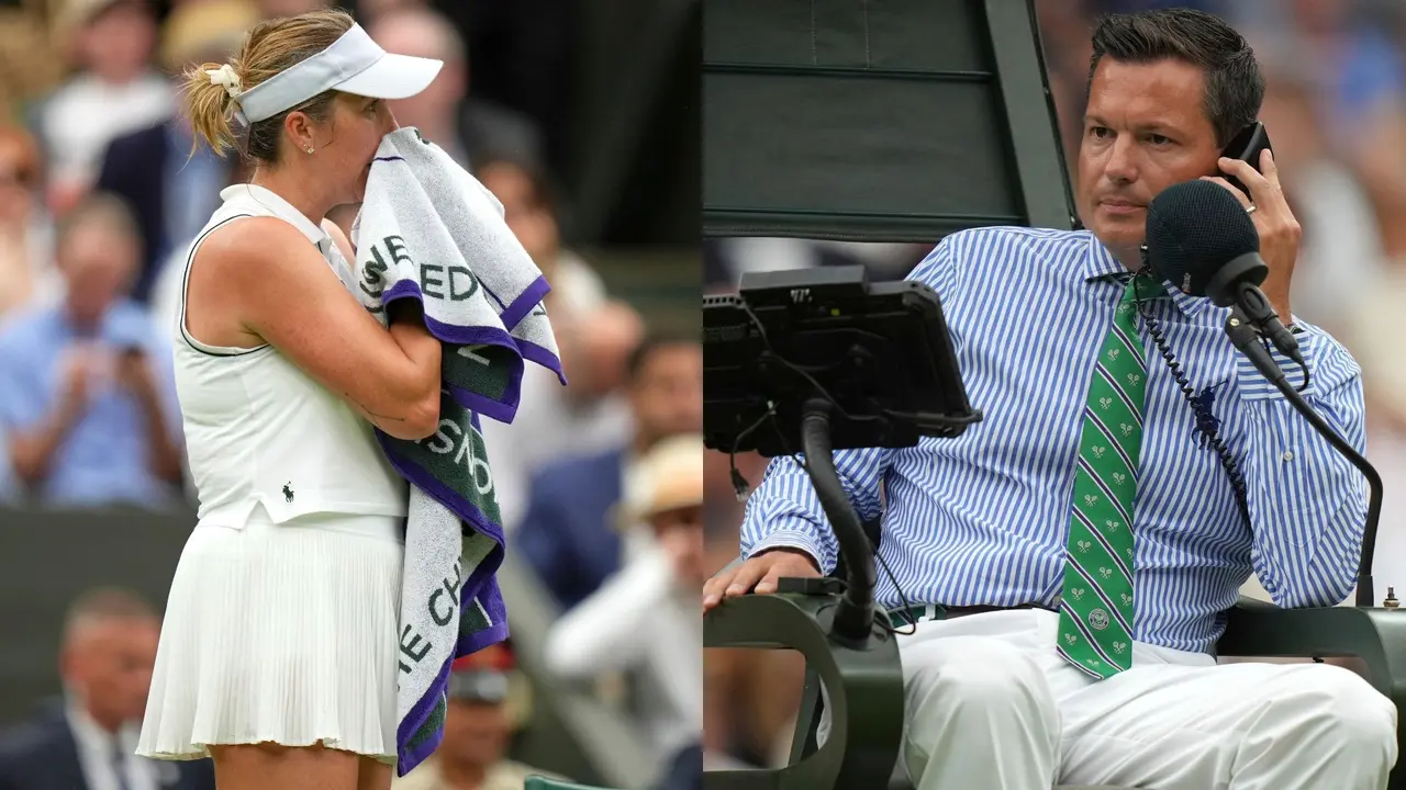 Russia's Anastasia Pavlyuchenkova waits for a line call to be resolved as he plays Sonay Kartal of Britain during a fourth round women's singles match at the Wimbledon Tennis Championships