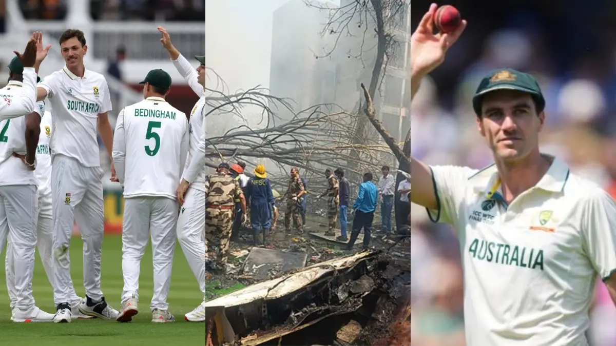SA Celebrate wicket (L), Ahmedabad Plane Crash (C), Pat Cummins (R)
