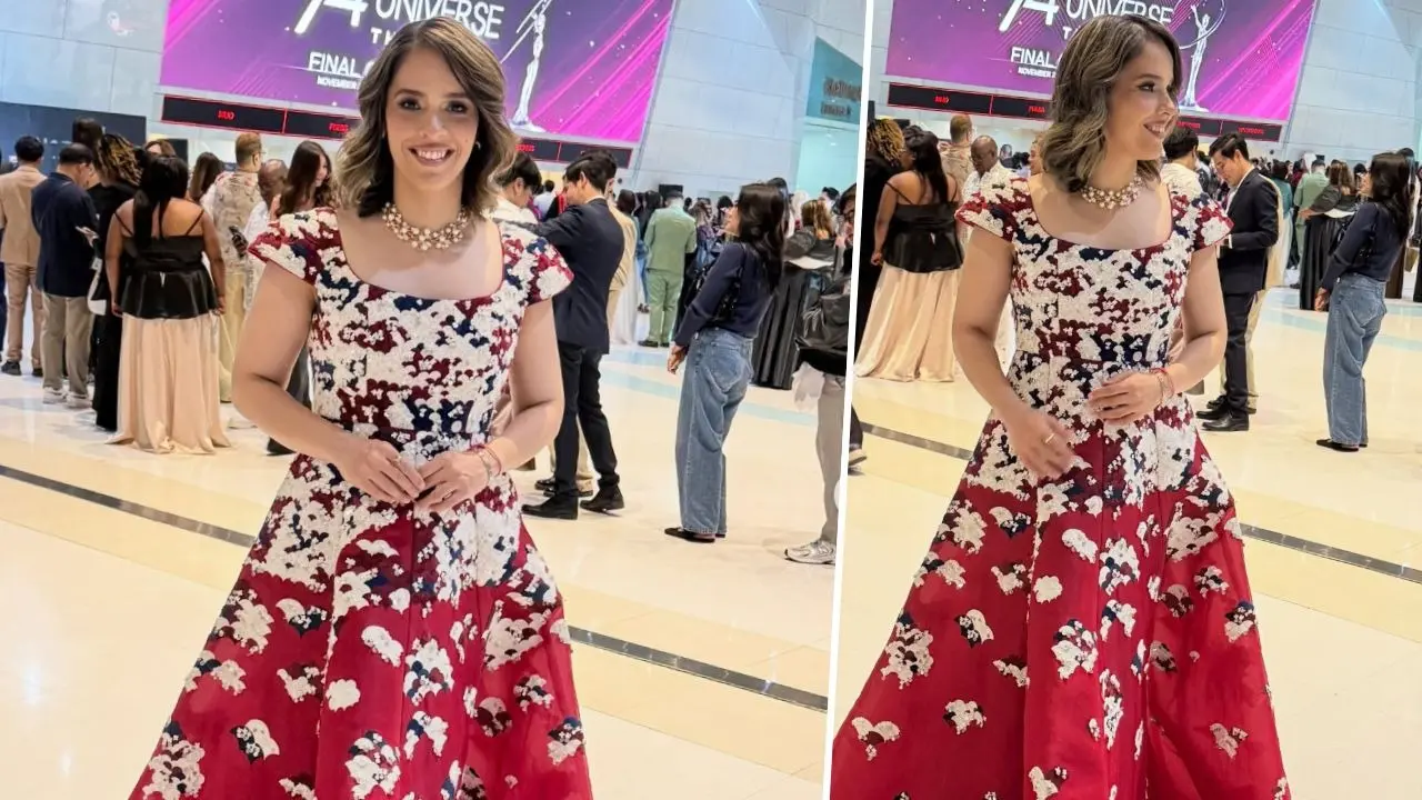 Saina Nehwal Turns Heads In A Red Floral Gown At Miss Universe 2025