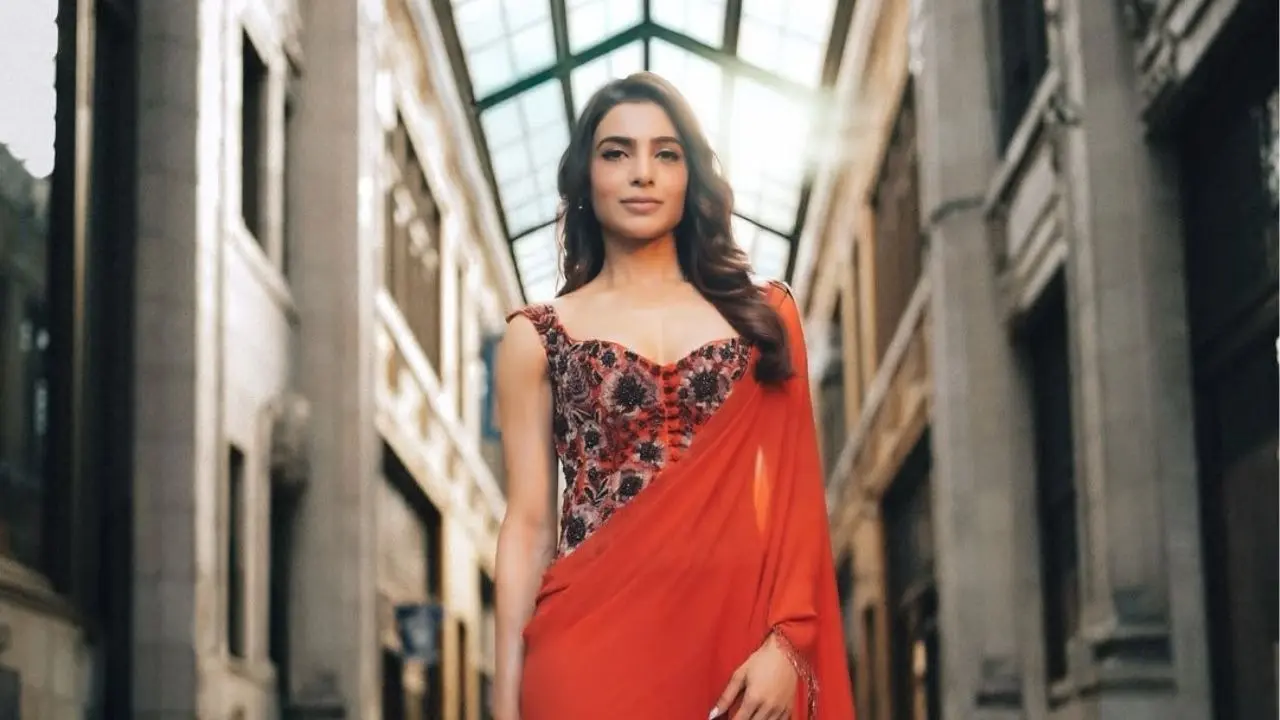 Samantha Ruth Prabhu Pairs ₹2,35,000 Rust Drapes With Corset Blouse As She Takes Over The US With Desi Fusion Samantha Ruth Prabhu Pairs ₹235,000 Rust Drapes With Corset Blouse As She Takes Over The US With Desi Fusion