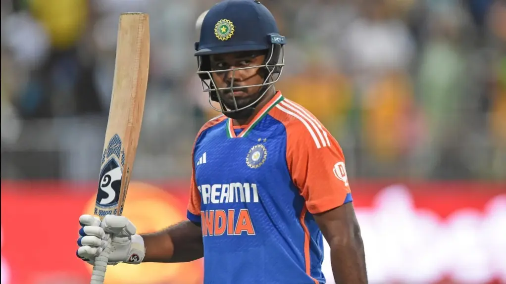 Sanju Samson celebrates his quickfire fifty against South Africa.