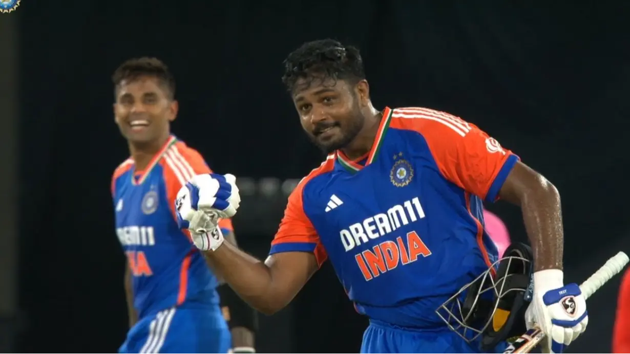 Sanju samson shows muscle power after hitting maiden t20i hundred