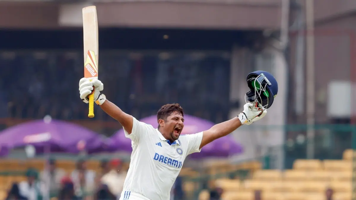 Sarfaraz Khan is celebrating his century in the 1st Test match of the series against New Zealand in 2024