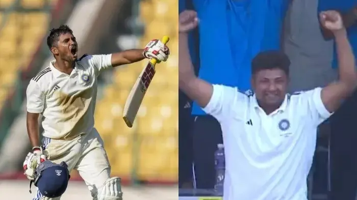 sarfaraz khan reaction wins heart brother musheer khan hits century