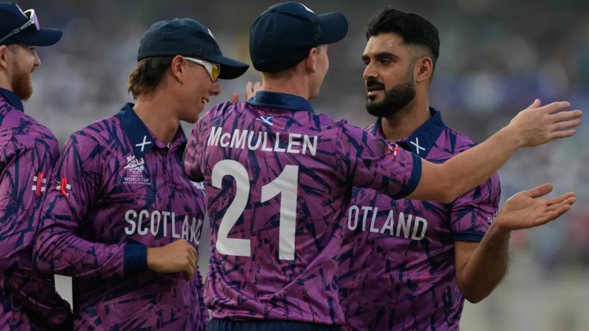 Jack Jarvis Replaces Injured Safyaan Sharif In Scotland Squad For T20 World Cup 2026 Scotland's Safyaan Sharif, right, celebrates with teammates after the wicket of West Indies' Shimron Hetmyer