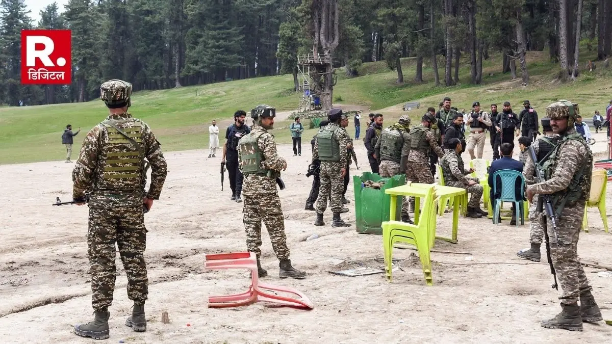 Security personnel inspect the site following the Pahalgam terrorist attack