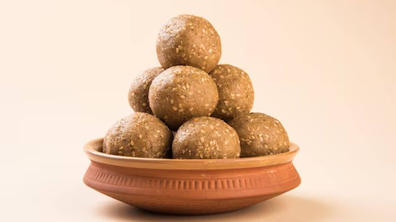 sesame, jaggery, and peanut laddus