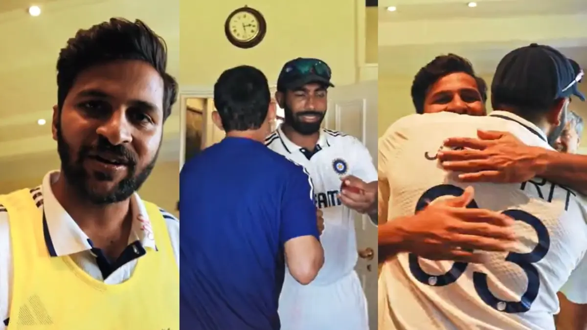 Shardul Takur and Gautam Gambhir greet Jasprit Bumrah in the Lord's dressinng room