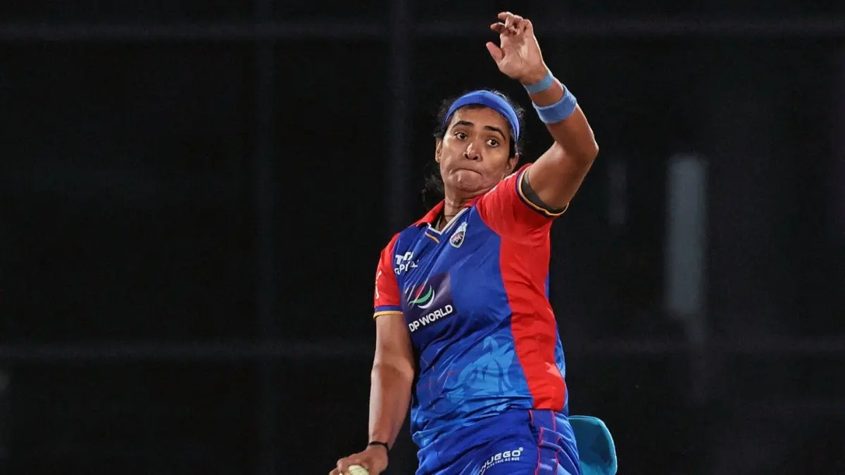 Shikha Pandey in action in WPL 2024