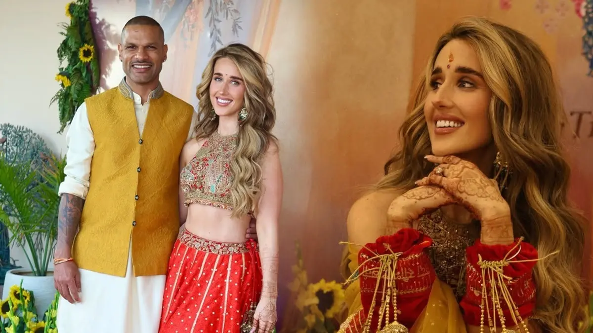 Shikhar Dhawan-Sophie Shine Wedding: मेहंदी रचे हाथ और कलीरे पहने भारतीय रंग में नजर आई शिखर धवन की 'विदेशी दुल्हनिया', हल्दी-मेहंदी की PHOTOS VIRAL Shikhar Dhawan-Sophie Shine Wedding haldi mehendi sangeet ceremony photos viral