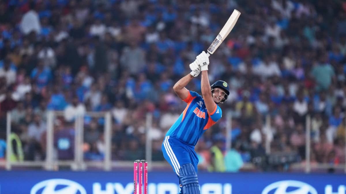 Shivam Dube plays a shot against Netherlands