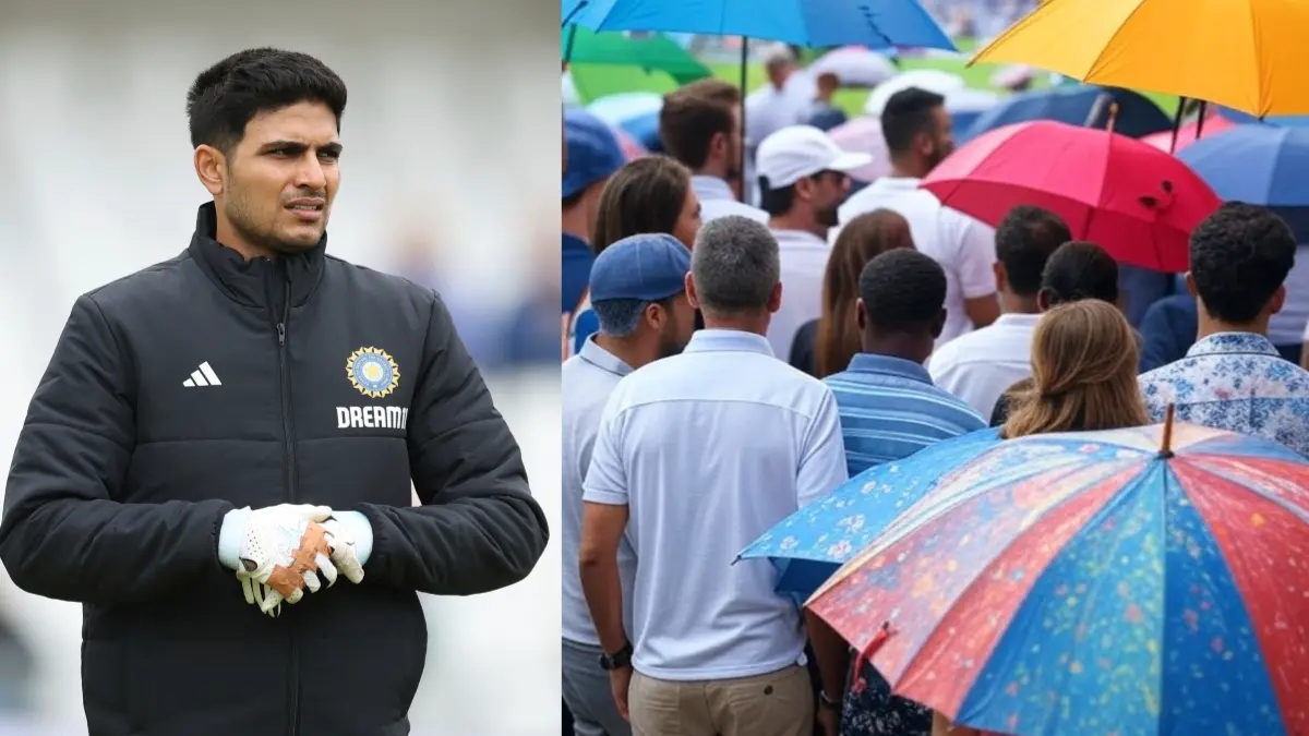 Shubman Gill and a representative image of rain playing spoilsport in Edgbaston